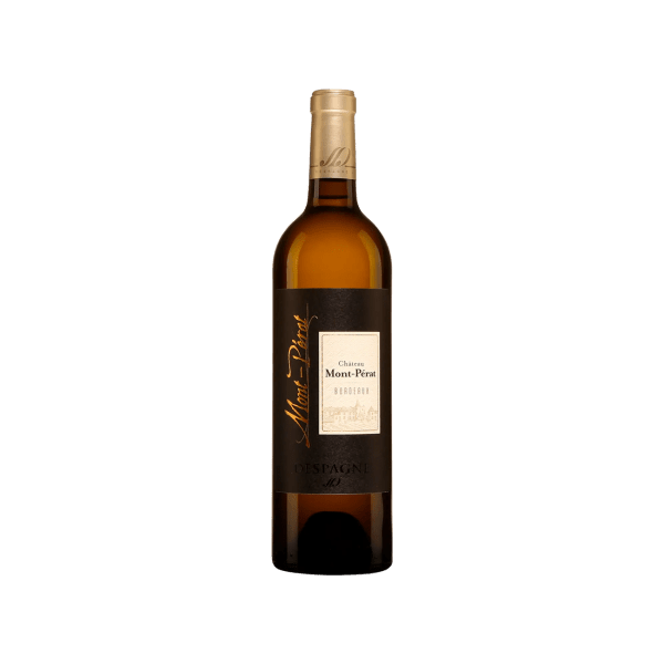 Chateau Mont-Perat Bordeaux white wine bottle with black and gold label on white background