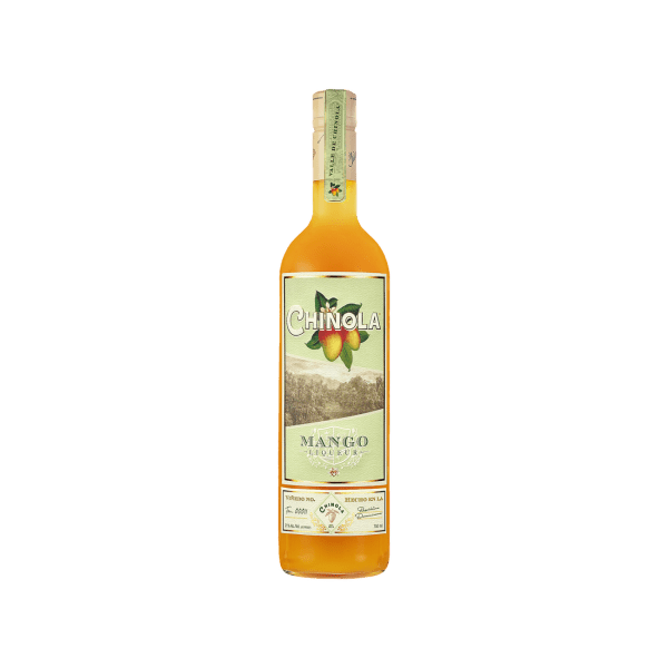 Chinola Mango Liqueur bottle with orange-yellow liquid and tropical mango label