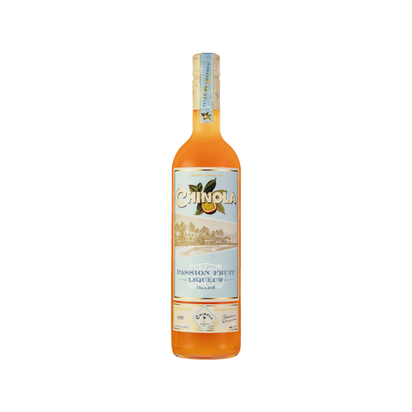 Chinola passion fruit liqueur bottle with tropical label and orange liquid