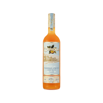 Chinola passion fruit liqueur bottle with tropical label and orange liquid