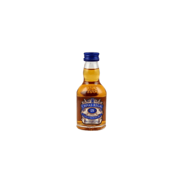 Mini bottle of Chivas Regal 18 Year Old Scotch whisky with blue cap and label on white background