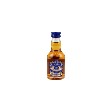 Mini bottle of Chivas Regal 18 Year Old Scotch whisky with blue cap and label on white background