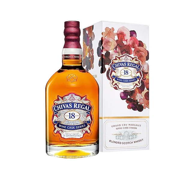 Chivas Regal 18 Year Old Wine Cask Series blended Scotch whisky bottle and floral packaging