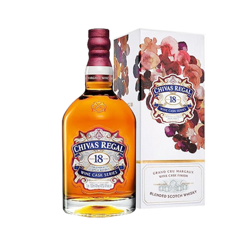 Chivas Regal 18 Year Old Wine Cask Series blended Scotch whisky bottle and floral packaging