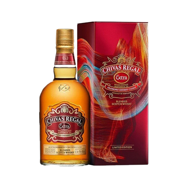 Chivas Regal Extra blended Scotch whisky bottle with red and gold limited edition box