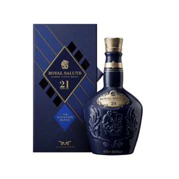 Royal Salute 21 Year Old blended Scotch whisky bottle with blue gift box, premium spirits