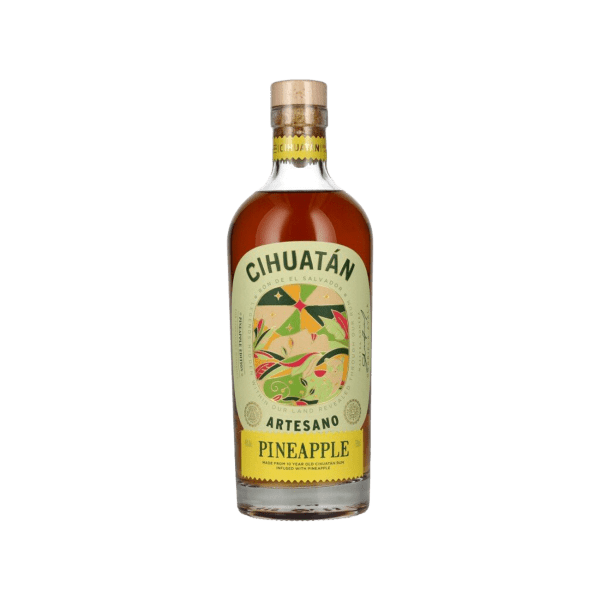 Bottle of Cihuatán Artesano Pineapple premium rum with decorative label on white background