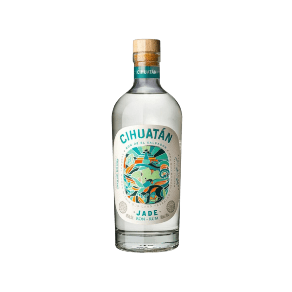 Cihuatan Jade rum bottle with colorful label and cork cap on white background