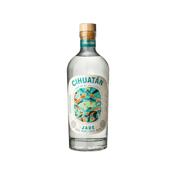 Cihuatan Jade rum bottle with colorful label and cork cap on white background