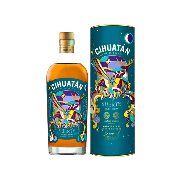 Cihuatan Suerte aged rum bottle with colorful limited edition packaging, 15 years old.