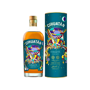 Cihuatan Suerte aged rum bottle with colorful limited edition packaging, 15 years old.