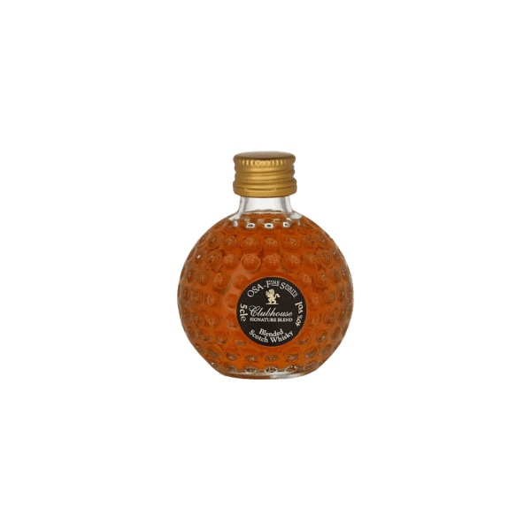 Round golf ball textured bottle of Clubhouse blended Scotch whisky with gold cap