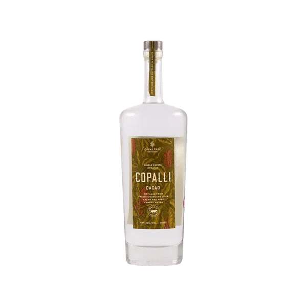 Copalli Cacao premium spirit bottle with decorative label on white background