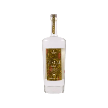 Copalli Cacao premium spirit bottle with decorative label on white background