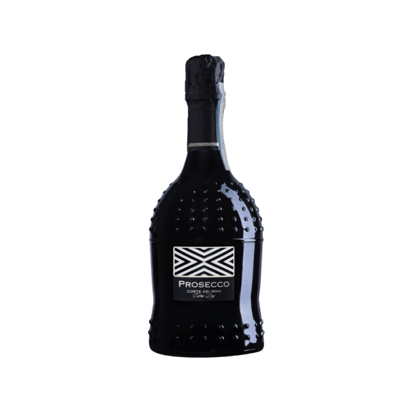 Black bottle of Corte Dei Roi Prosecco with textured dots and foil-wrapped top