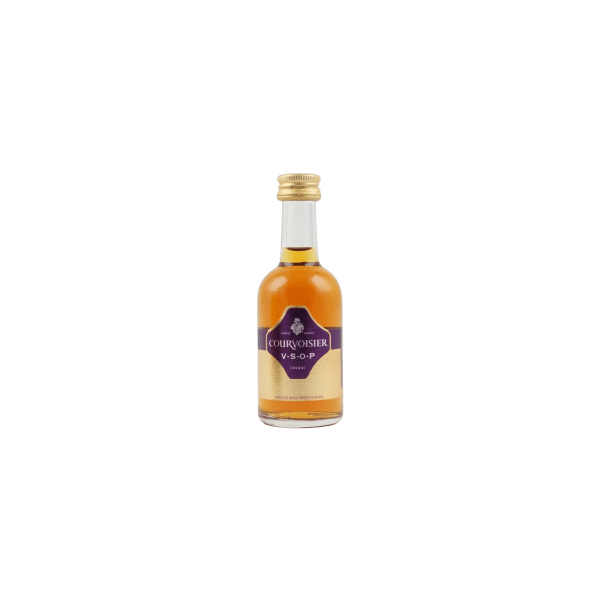 Miniature bottle of Courvoisier V.S.O.P cognac with gold cap and amber liquid