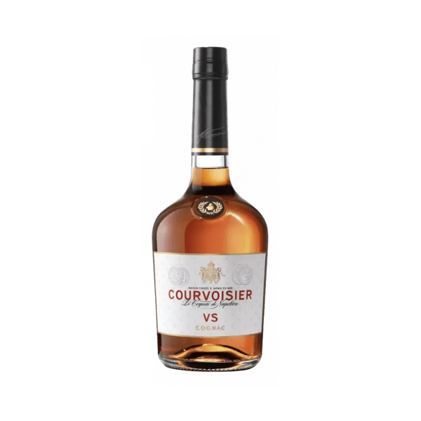 Courvoisier VS Cognac bottle with amber liquid and white label
