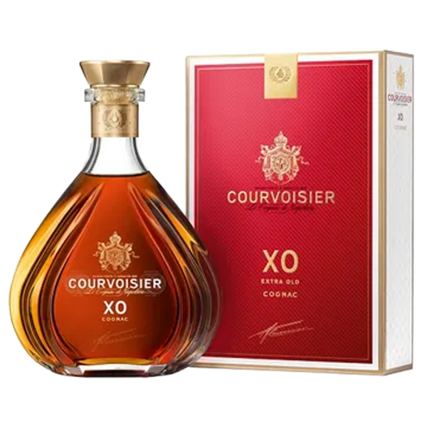 Courvoisier XO Extra Old Cognac bottle and red branded box luxury packaging