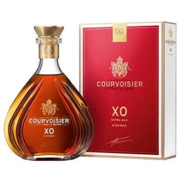Courvoisier XO Extra Old Cognac bottle and red branded box luxury packaging