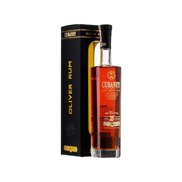 Cubane rum bottle with premium black and gold packaging, aged 25 years, luxury spirit