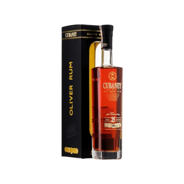 Cubane rum bottle with premium black and gold packaging, aged 25 years, luxury spirit