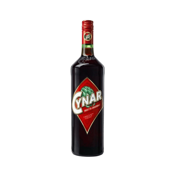 Bottle of Cynar Italian bitter liqueur with red label and artichoke graphic