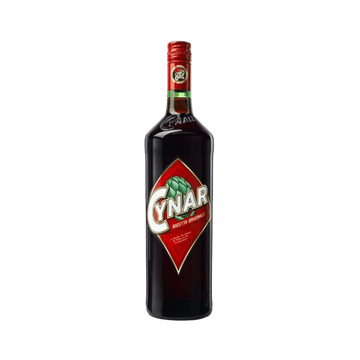 Bottle of Cynar Italian bitter liqueur with red label and artichoke graphic