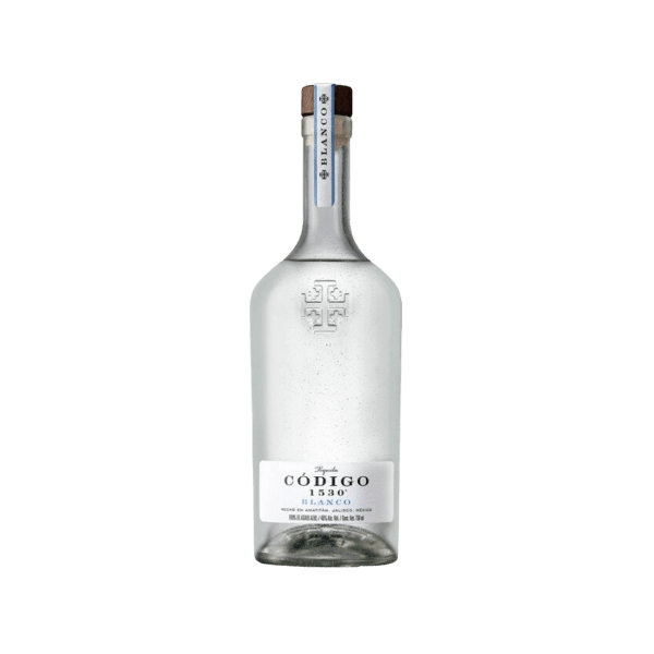Código 1530 Blanco Tequila bottle with frosted glass and white label