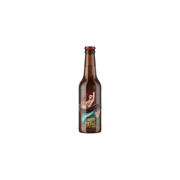 Brown beer bottle with label featuring a red-haired mermaid and the text Dangerousess