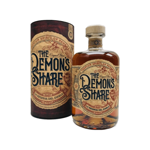 The Demon's Share premium rum bottle and packaging with vintage label design