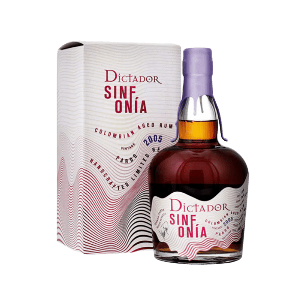 Dictador Sinfonía Colombian aged rum 2005 vintage bottle and packaging with red and black wave design