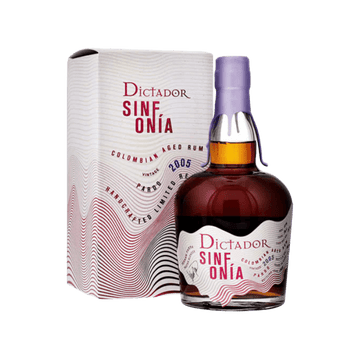 Dictador Sinfonía Colombian aged rum 2005 vintage bottle and packaging with red and black wave design