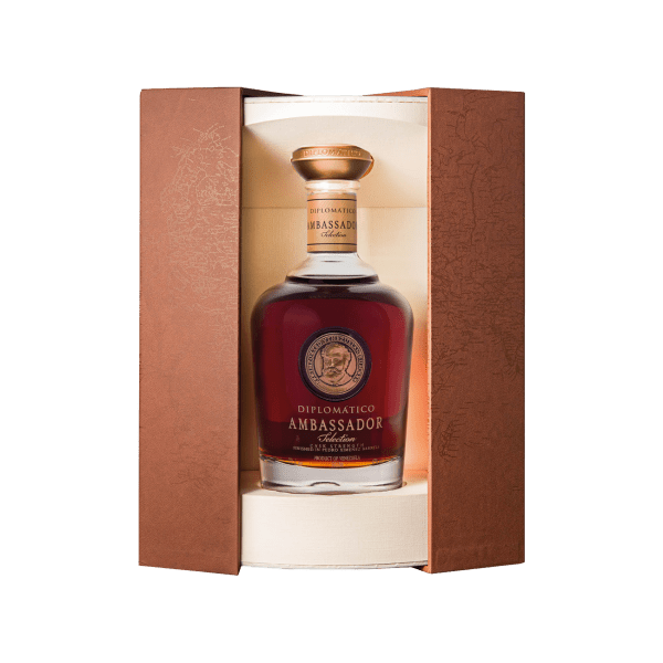 Diplomático Ambassador Selection rum bottle in elegant brown presentation box with cream interior