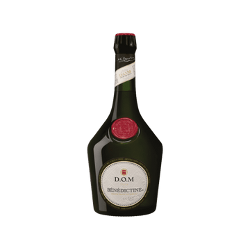 D.O.M Bénédictine herbal liqueur in green bottle with red wax seal, isolated on white
