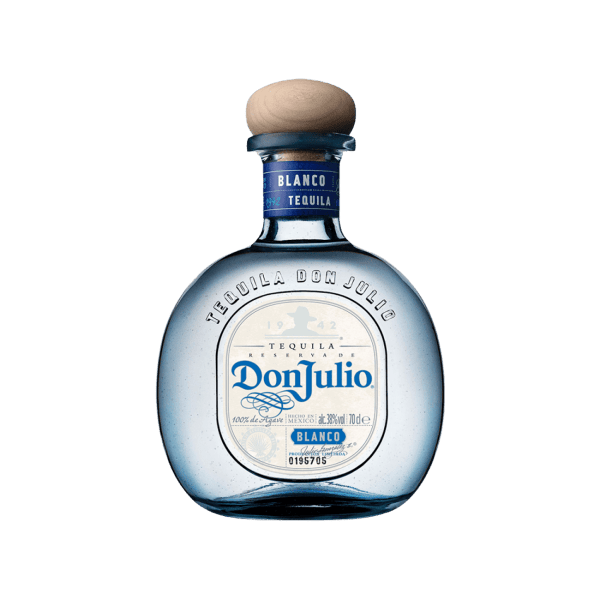 Don Julio Blanco tequila bottle with wooden cap, clear glass, and blue label