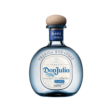 Don Julio Blanco tequila bottle with wooden cap and blue label on white background