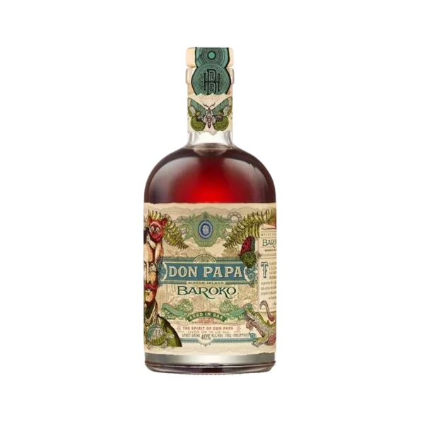 Don Papa Baroko rum bottle with artistic label, premium dark spirit, isolated on black