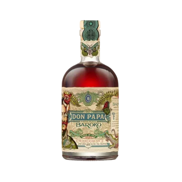 Don Papa Baroko rum bottle with artistic label, premium dark spirit, isolated on black