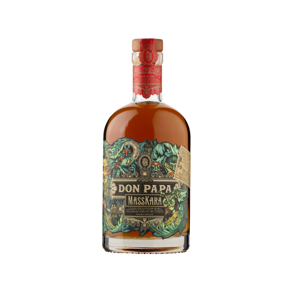 Don Papa Masskara rum bottle with colorful label and red cap on white background