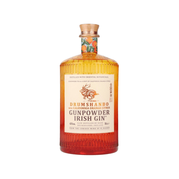 Drumshanbo Gunpowder Irish Gin bottle with California orange citrus, amber glass, cork stopper
