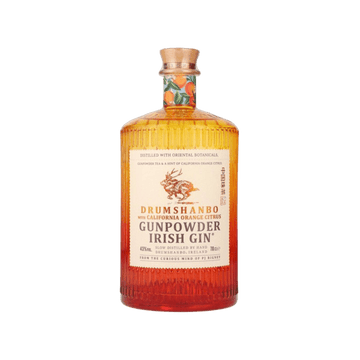 Drumshanbo Gunpowder Irish Gin bottle with California orange citrus, amber glass, cork stopper