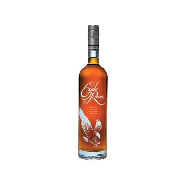 Eagle Rare bourbon whiskey bottle with eagle graphic on clear background