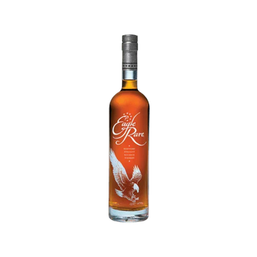Eagle Rare bourbon whiskey bottle with eagle graphic on clear background
