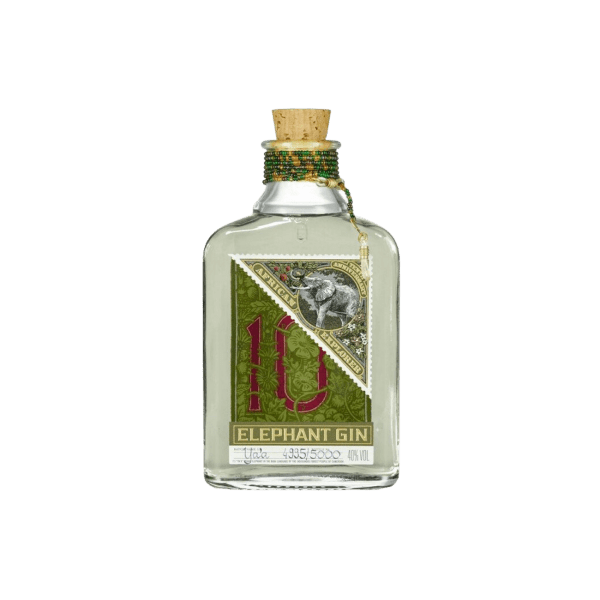 Elephant Gin 40% vol bottle with cork stopper, green and gold label featuring an elephant and edition number