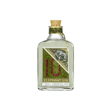 Elephant Gin 40% vol bottle with cork stopper, green and gold label featuring an elephant and edition number