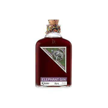 Elephant Gin dark red bottle with cork and beaded neck, featuring elephant stamp label