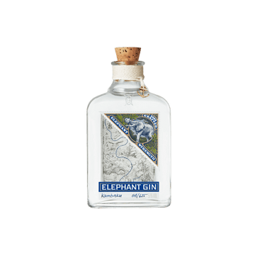 Elephant Gin bottle with cork stopper, map design label, and blue branding on clear glass