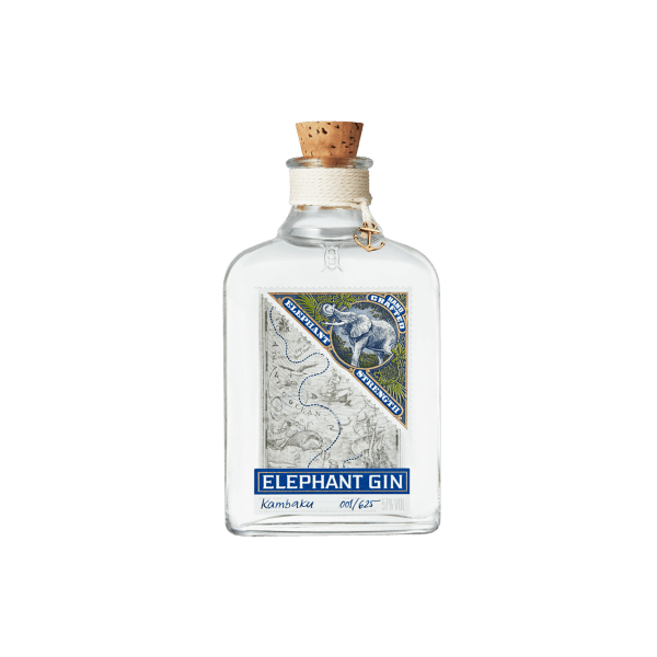 Elephant Gin premium gin bottle with cork, detailed label featuring elephant artwork.