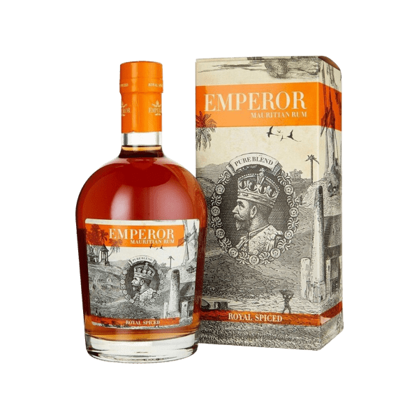 Emperor Mauritian rum bottle and box with royal spiced premium spirits packaging