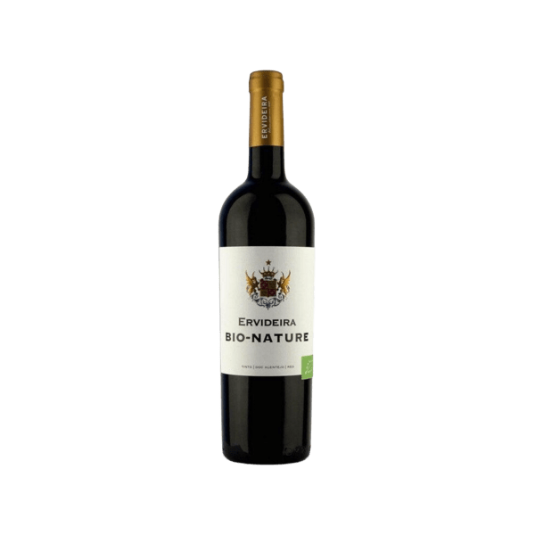 Ervideira Bio-Nature red wine bottle with gold cap and white label on transparent background